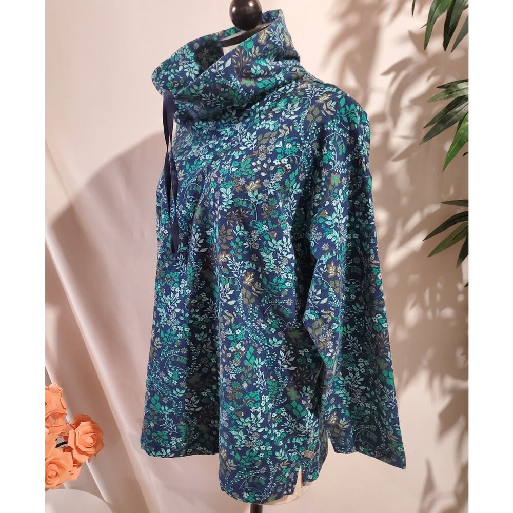 T by Talbots Floral Cowl Drawstring Sweatshirt Top Size 2XP Blue Stretch Cotton - Picture 2 of 10